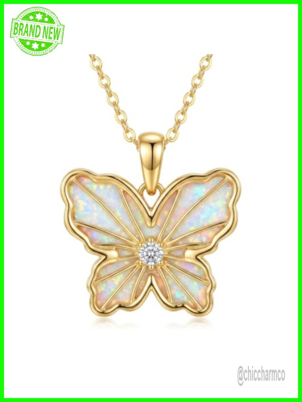 14k Gold Opal Butterfly Pendant Necklace 16+1+1 Inch Fine Jewelry